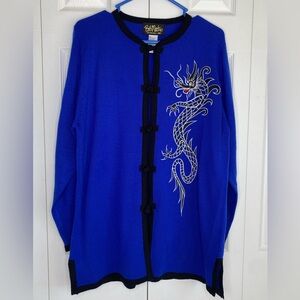 Bob Mackie Cardigan Sweater Women's Vintage Dragon Embroidery Asian Blue Sz M